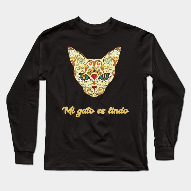 Mi Gato Es Lindo Spanish Cat Cinco De Mayo Cat Skull Long Sleeve T-Shirt by familycuteycom